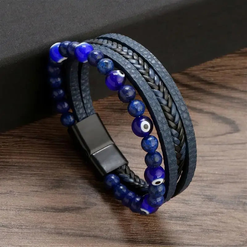 Bracelet Viking en Cuir et Pierre Bleue | Valhalla