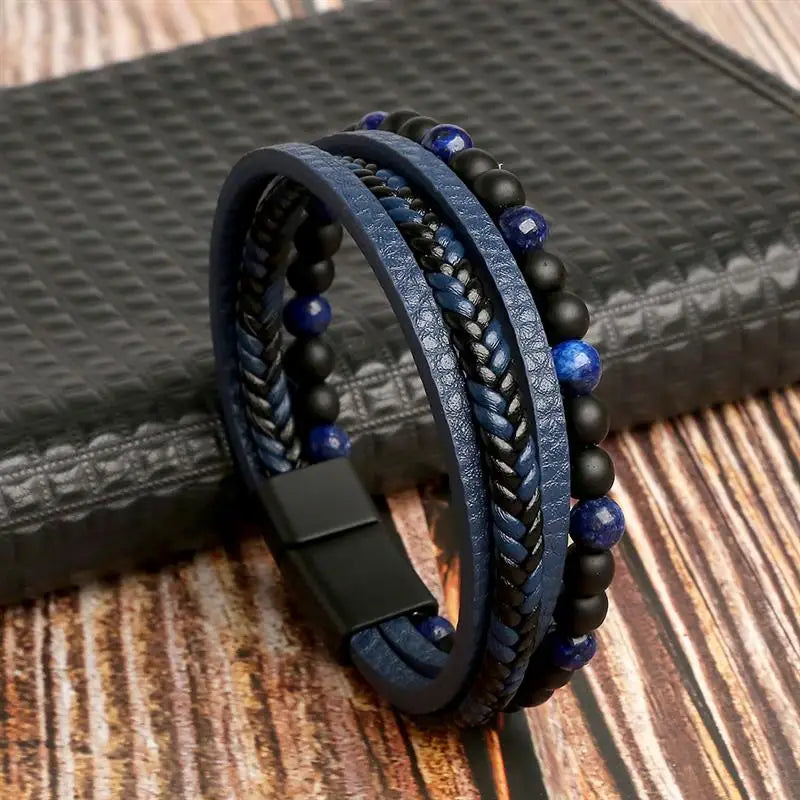 Bracelet Viking en Cuir et Pierre Bleue | Valhalla